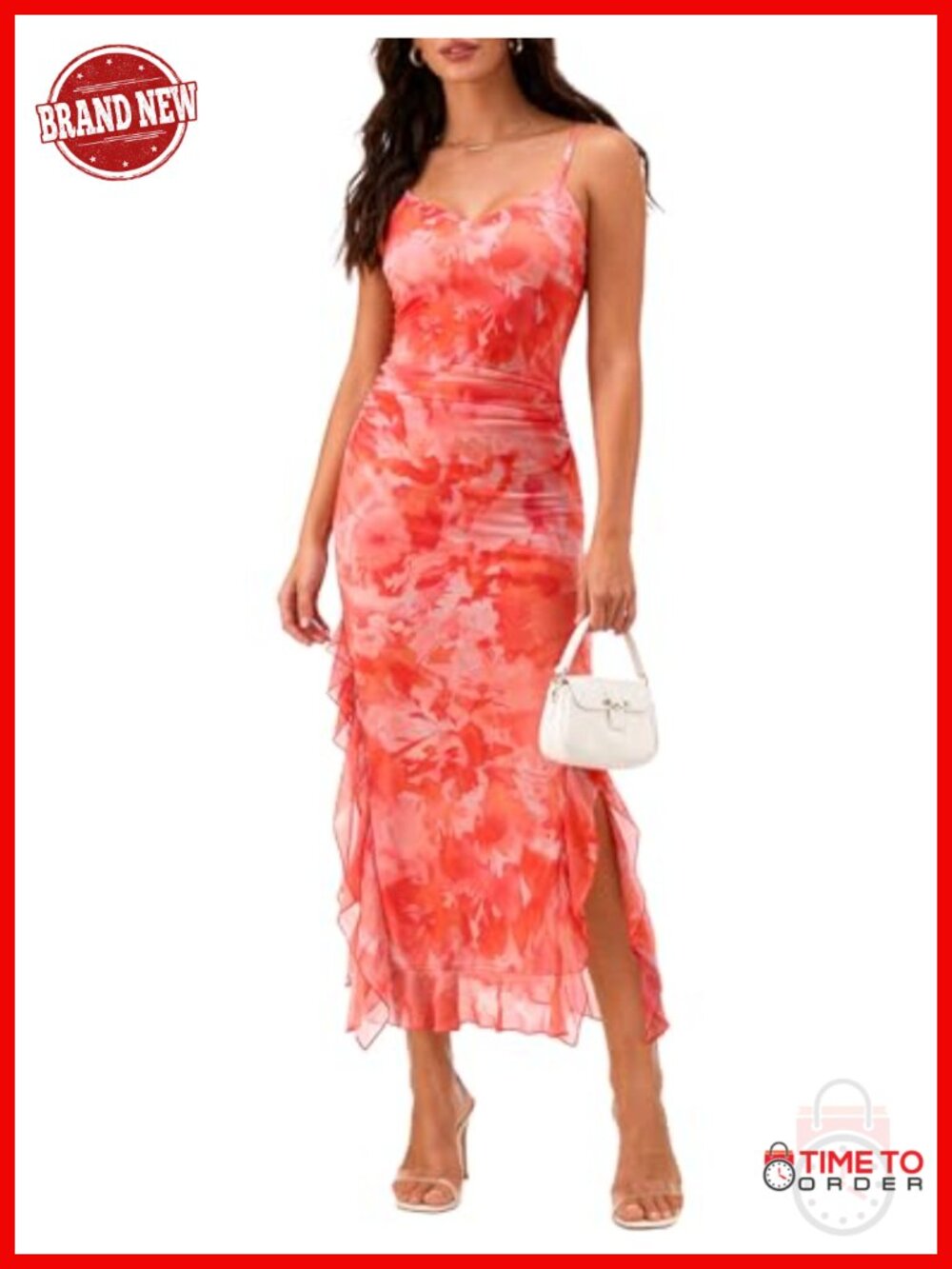 DRESSTELLS Women's Floral Spaghetti Strap Maxi Mesh Ruched Slit Beach Dress